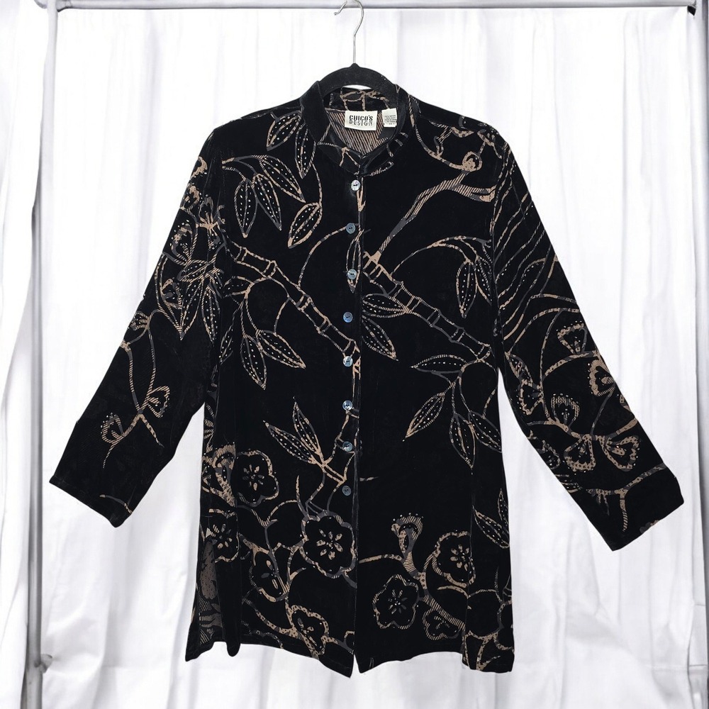 Chico's Design Velvet Burnout Floral Button Down Long Sleeve Blouse Woman Medium